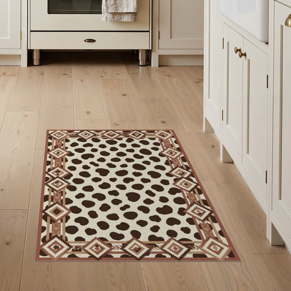 ODIKA 3'x5' Washable Area Rug Southwestern Symmetry Abstract Inspired Patches Border Spotted Flowing Dynamic for Hallway, Laundry Room, Non-Slip, Flatweave, Easy Care
