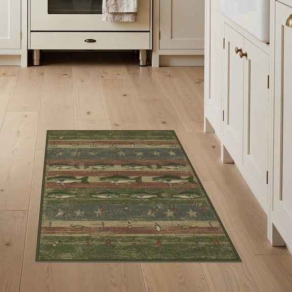 ODIKA 3'x5' Washable Area Rug Vintage Bass Fish Fishing Stripes Lure Stars Border Motif Patriotic for Hallway, Laundry Room, Non-Slip, Flatweave, Easy Care