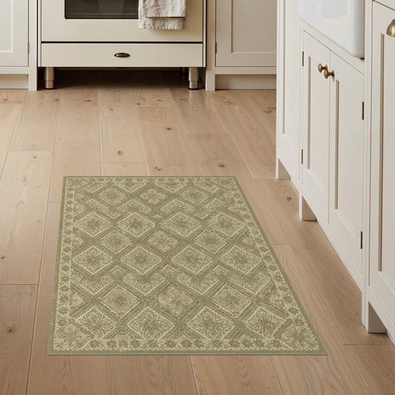 ODIKA 3'x5' Washable Area Rug Under Vintage Boho Faded Diamonds Border Large Distressed Dining Flowing Dynamic for Hallway, Laundry Room, Non-Slip, Flatweave, Easy Care