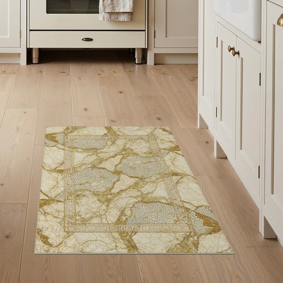 ODIKA 3'x5' Washable Throw Rug Abstract Key Effect Greek Border Interlocking Fragment for Entryway, Kitchen, Mudroom, Stain Resistant, Low Profile, Non-Slip
