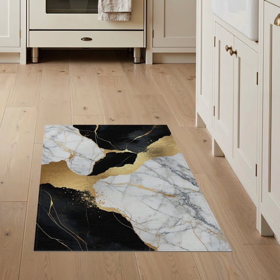 ODIKA 3'x5' Washable Throw Rug Abstract Veined Tan Streaks Contemporary Fluid Cream Grey Yellow for Entryway, Kitchen, Mudroom, Stain Resistant, Low Profile, Non-Slip