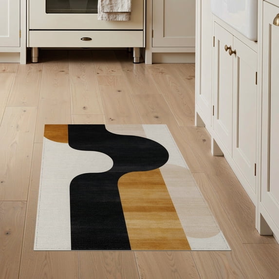 ODIKA 3'x5' Washable Throw Rug Alfombras Minimalist Abstract Arc Motif Contemporary Para for Entryway, Kitchen, Mudroom, Stain Resistant, Low Profile, Non-Slip