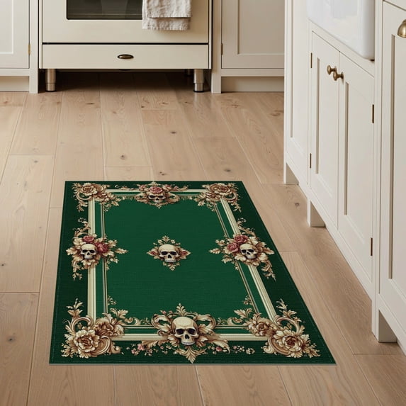 ODIKA 3'x5' Washable Throw Rug Deep Olive Green Baroque Round Skull Victorian Gothic Florals with Acanthus Details for Entryway, Kitchen, Mudroom, Stain Resistant, Low Profile, Non-Slip