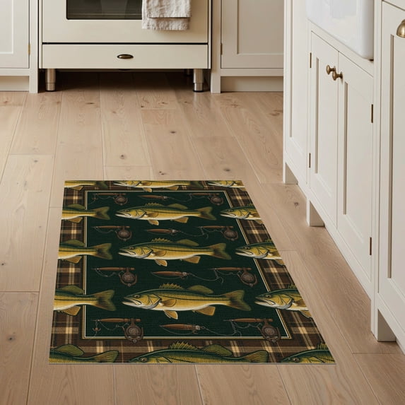 ODIKA 3'x5' Washable Throw Rug Bass Cabin Lure Reel Motif Tackle Border Angler Fish Fishing Refined Structured for Entryway, Kitchen, Mudroom, Stain Resistant, Low Profile, Non-Slip