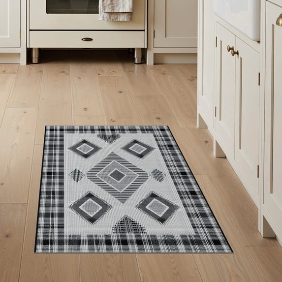 ODIKA 3'x5' Washable Throw Rug Buffalo Plaid Striped With Boho Diamond And Bordered Accents for Entryway, Kitchen, Mudroom, Stain Resistant, Low Profile, Non-Slip