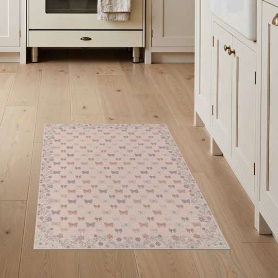 ODIKA 3'x5' Washable Throw Rug Butterfly Motif Vine Border Scattered Motifs Pink Flowing Dynamic for Entryway, Kitchen, Mudroom, Stain Resistant, Low Profile, Non-Slip