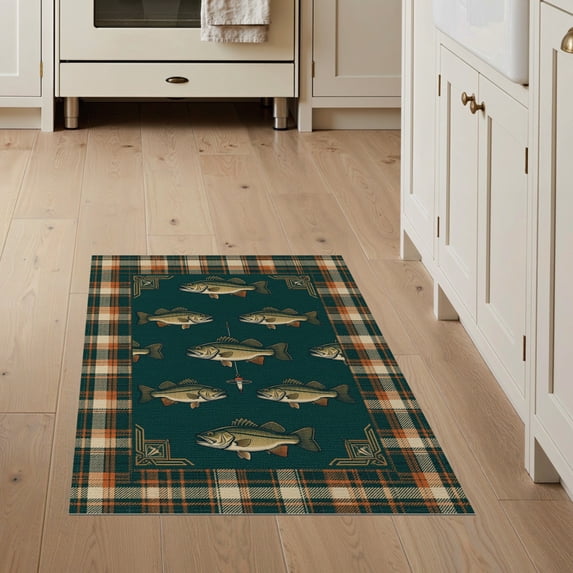 ODIKA 3'x5' Washable Throw Rug Cabin Bass Plaid Border Vintage Baits Lure Tackle Fish Fishing Refined for Entryway, Kitchen, Mudroom, Stain Resistant, Low Profile, Non-Slip