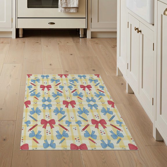 ODIKA 3'x5' Washable Throw Rug Classroom Pencil Schoolgirl Layout Plaid Stars School Abstract for Entryway, Kitchen, Mudroom, Stain Resistant, Low Profile, Non-Slip