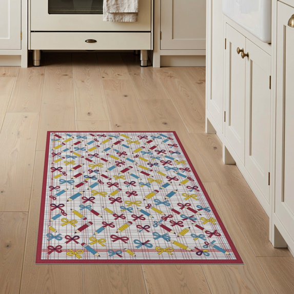 ODIKA 3'x5' Washable Throw Rug Classroom Scattered Writing Ribbon Teaching Pencil Schoolgirl for Entryway, Kitchen, Mudroom, Stain Resistant, Low Profile, Non-Slip