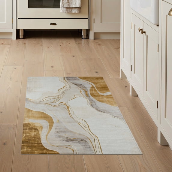 ODIKA 3'x5' Washable Throw Rug Cow Spotted Abstract Inspired Swirls Patchwork Bold Block Motif for Entryway, Kitchen, Mudroom, Stain Resistant, Low Profile, Non-Slip