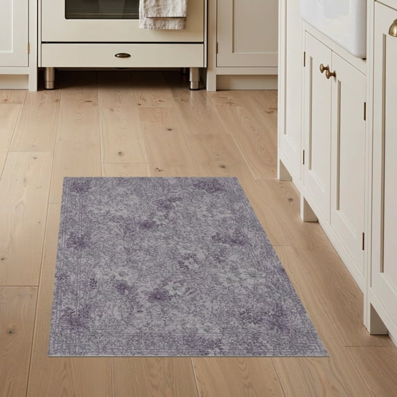 ODIKA 3'x5' Washable Throw Rug Delicate Lilac Blossom Scatter Design With Muted Transitional Motifs for Entryway, Kitchen, Mudroom, Stain Resistant, Low Profile, Non-Slip