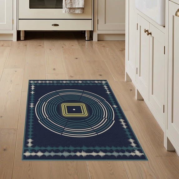 ODIKA 3'x5' Washable Throw Rug Disc Cd Retro Music Record Featuring Groove Rings Wave Motif for Entryway, Kitchen, Mudroom, Stain Resistant, Low Profile, Non-Slip