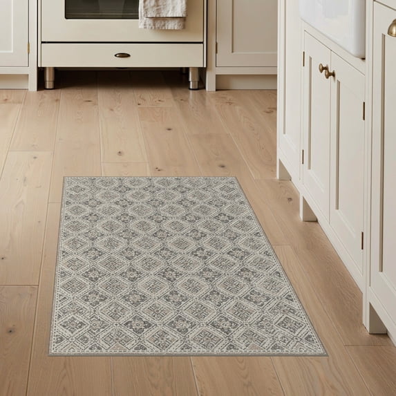 ODIKA 3'x5' Washable Throw Rug Entry Geometric Grey Mosaic Interlocking Motif Entryway Front for Kitchen, Mudroom, Stain Resistant, Low Profile, Non-Slip