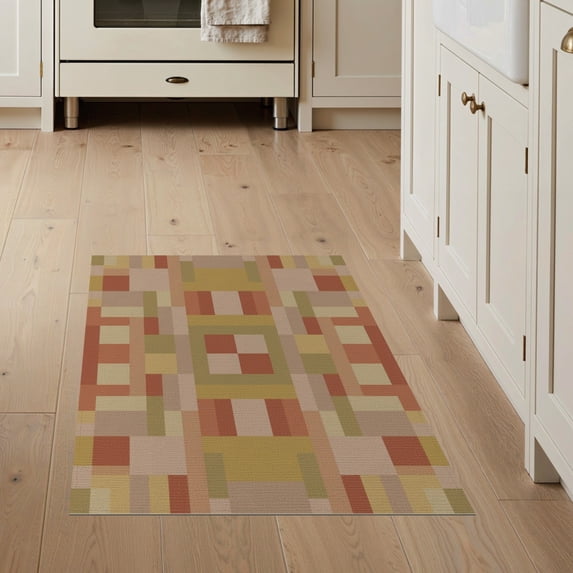ODIKA 3'x5' Washable Throw Rug Geometric Mosaic Boho Symmetrical Block Large Abstract Beige Playful Expressive for Entryway, Kitchen, Mudroom, Stain Resistant, Low Profile, Non-Slip