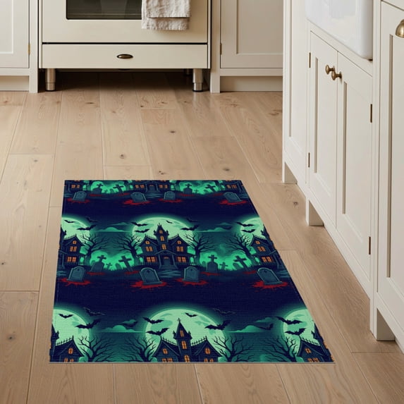 ODIKA 3'x5' Washable Throw Rug Halloween Eerie Gothic Cemetery Tilted Tombstones Flying Bats for Entryway, Kitchen, Mudroom, Stain Resistant, Low Profile, Non-Slip