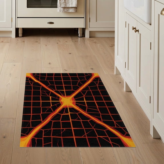ODIKA 3'x5' Washable Throw Rug Illusion Cracked Abstract Grid Flow Molten Border Volcanic Optical Refined for Entryway, Kitchen, Mudroom, Stain Resistant, Low Profile, Non-Slip