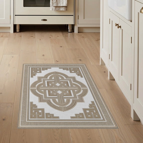 ODIKA 3'x5' Washable Throw Rug Key Meander Border Interlocking Maze Trellis Greek Geometric Refined Structured for Entryway, Kitchen, Mudroom, Stain Resistant, Low Profile, Non-Slip
