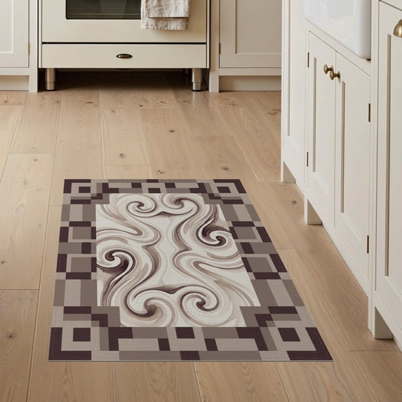 ODIKA 3'x5' Washable Throw Rug Large Cream Para Taupe Curves Structured Alfombras Salas Modernas for Entryway, Kitchen, Mudroom, Stain Resistant, Low Profile, Non-Slip