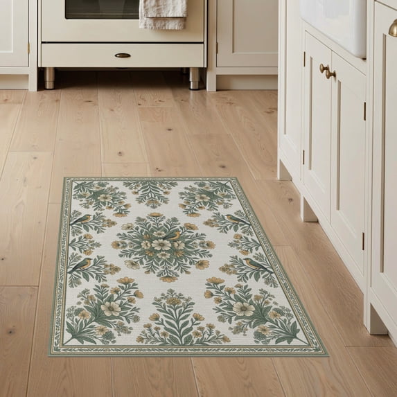 ODIKA 3'x5' Washable Throw Rug Long Sage Nostalgic Avian Botanical Repeating Motifs Bathroom for Entryway, Kitchen, Mudroom, Stain Resistant, Low Profile, Non-Slip