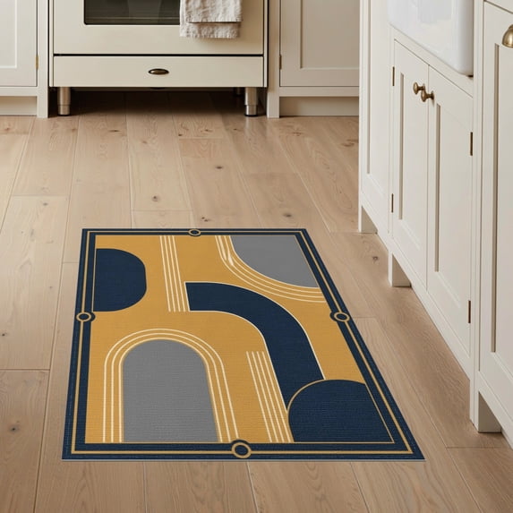 ODIKA 3'x5' Washable Throw Rug Navy Gold Geometric Elegance with Bold Arches Contemporary Design, Lines and Circular for Entryway, Kitchen, Mudroom, Stain Resistant, Low Profile, Non-Slip