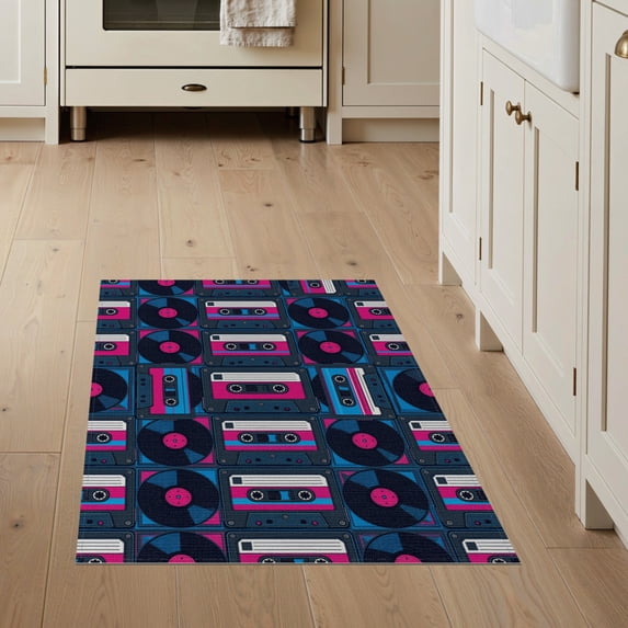 ODIKA 3'x5' Washable Throw Rug Personalized Kpop Record Player Themed Music Cassette Movie Theater for Entryway, Kitchen, Mudroom, Stain Resistant, Low Profile, Non-Slip