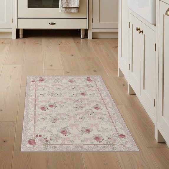 ODIKA 3'x5' Washable Throw Rug Pink Bedside Bud Details Tug Dorm Rig Shack Students for Entryway, Kitchen, Mudroom, Stain Resistant, Low Profile, Non-Slip