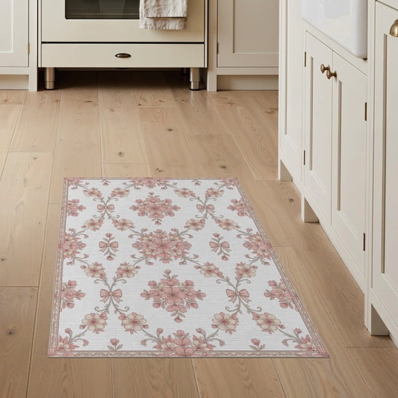 ODIKA 3'x5' Washable Throw Rug Pink Dainty Rosebud Motif Ivory Cream Coordinating Shack for Entryway, Kitchen, Mudroom, Stain Resistant, Low Profile, Non-Slip