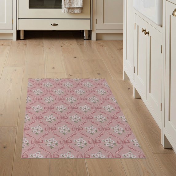 ODIKA 3'x5' Washable Throw Rug Pink Intersections Trellis Trailing Florals for Entryway, Kitchen, Mudroom, Stain Resistant, Low Profile, Non-Slip