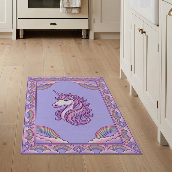ODIKA 3'x5' Washable Throw Rug Pink Pastel Stars Border Ombre Gradient Watercolor Large Unicorn Refined for Entryway, Kitchen, Mudroom, Stain Resistant, Low Profile, Non-Slip