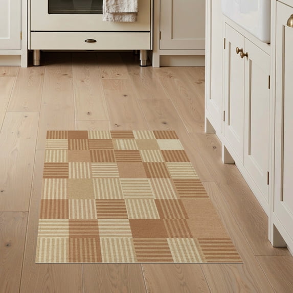 ODIKA 3'x5' Washable Throw Rug Rag Layered Checkered Boho Striped Mosaic Farmhouse Vintage Frame for Entryway, Kitchen, Mudroom, Stain Resistant, Low Profile, Non-Slip