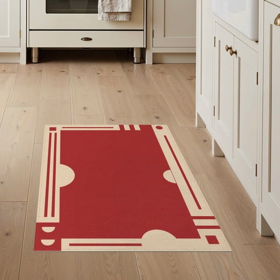 ODIKA 3'x5' Washable Throw Rug Red Beige Geometric Elegance with Accents Classic Symmetrical Design, Art for Entryway, Kitchen, Mudroom, Stain Resistant, Low Profile, Non-Slip