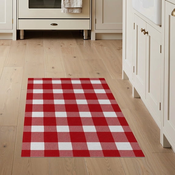 ODIKA 3'x5' Washable Throw Rug Red White Buffalo Plaid Welcome Festive Tartan Design with Big Check Motif for Entryway, Kitchen, Mudroom, Stain Resistant, Low Profile, Non-Slip