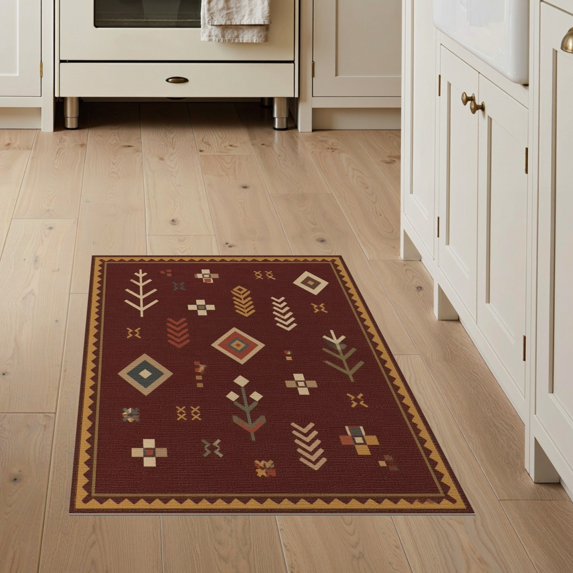 ODIKA 3'x5' Washable Throw Rug Rich Burgundy Geometric Design Intricate Motifs with Bold for Entryway, Kitchen, Mudroom, Stain Resistant, Low Profile, Non-Slip