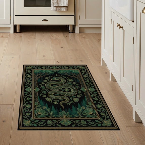 ODIKA 3'x5' Washable Throw Rug Snake Serpent Forest Motif Botanical Scroll Border Vine Decorative for Entryway, Kitchen, Mudroom, Stain Resistant, Low Profile, Non-Slip