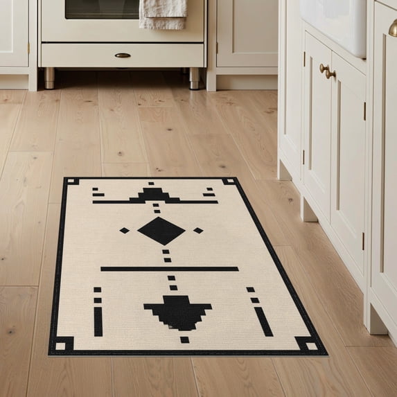ODIKA 3'x5' Washable Throw Rug Stain Resistant, Low Profile, Non-Slip Beige Black Geometric Symmetry Accent Design Elegant Contrast with Bold for Entryway, Kitchen, Mudroom