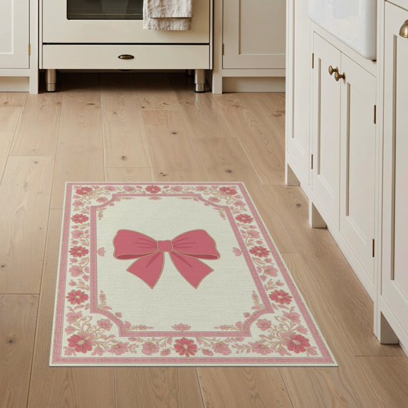 ODIKA 3'x5' Washable Throw Rug Stain Resistant, Low Profile, Non-Slip Bowknot Pink Coquette Centered Ribbon Short Haired Bows for Entryway, Kitchen, Mudroom