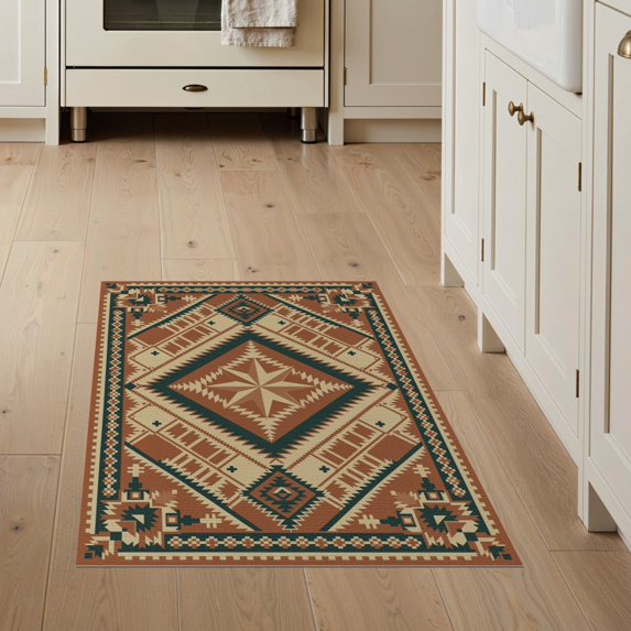 ODIKA 3'x5' Washable Throw Rug Stain Resistant, Low Profile, Non-Slip Cowboy Southwestern Lattice Vintage Round Runway Themed Hooks Flowing Dynamic for Entryway, Kitchen, Mudroom
