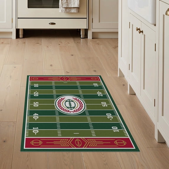 ODIKA 3'x5' Washable Throw Rug Stain Resistant, Low Profile, Non-Slip Endzone Stripes Soccer Hockey Shaped Artificial Football Field Lines Playful for Entryway, Kitchen, Mudroom