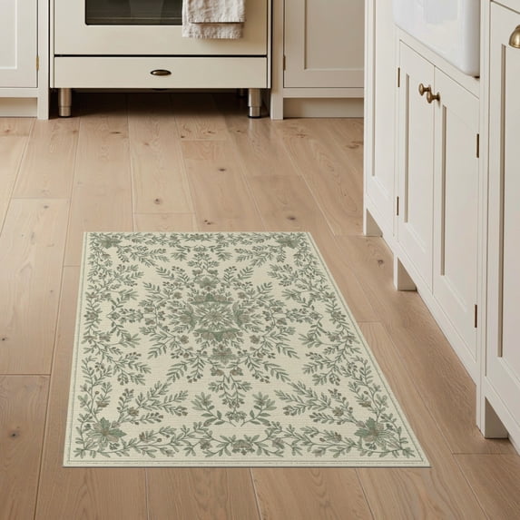 ODIKA 3'x5' Washable Throw Rug Stain Resistant, Low Profile, Non-Slip Entry Boho Vine Border Sprig Botanical Trailing Sprigs Welcome Door Flowing for Entryway, Kitchen, Mudroom