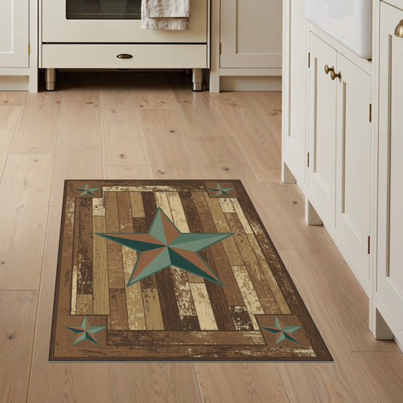 ODIKA 3'x5' Washable Throw Rug Stain Resistant, Low Profile, Non-Slip Farmhouse Stars Motif Vintage Distressed Plank Frame Terracotta Teal Flowing for Entryway, Kitchen, Mudroom