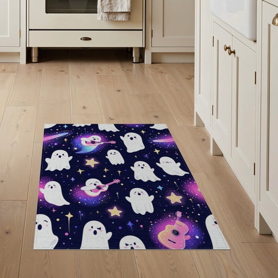 ODIKA 3'x5' Washable Throw Rug Stain Resistant, Low Profile, Non-Slip Ghost Guitar Halloween Kawaii Cartoon Glitter Stars Faces Motif for Entryway, Kitchen, Mudroom