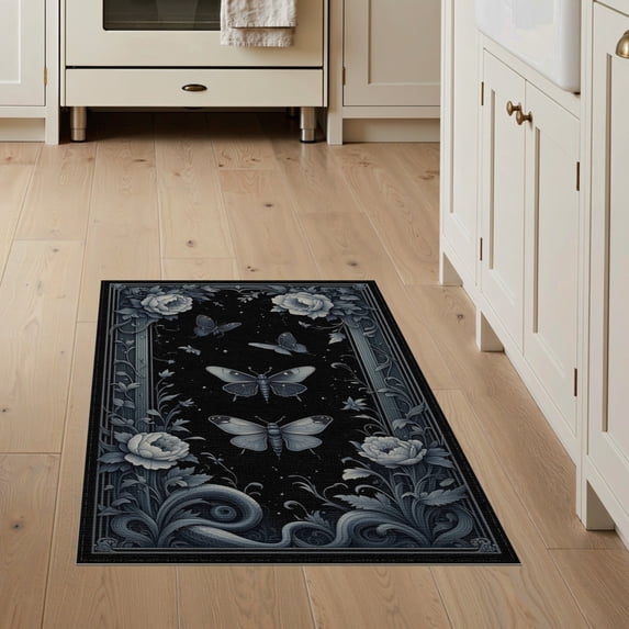 ODIKA 3'x5' Washable Throw Rug Stain Resistant, Low Profile, Non-Slip Gothic Moth Snake Border Mystical Whimsical Witchy Witch Themed for Entryway, Kitchen, Mudroom
