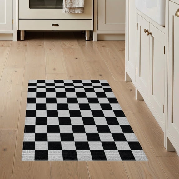 ODIKA 3'x5' Washable Throw Rug Stain Resistant, Low Profile, Non-Slip Grid Checkered Race Contemporary Checkerboard Car Classroom Checker for Entryway, Kitchen, Mudroom