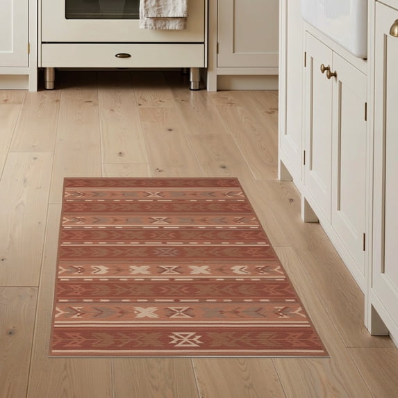 ODIKA 3'x5' Washable Throw Rug Stain Resistant, Low Profile, Non-Slip Kilim Southwestern Navy Stripe Motif Interlocking Banded Tone for Entryway, Kitchen, Mudroom