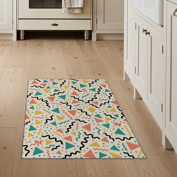 ODIKA 3'x5' Washable Throw Rug Stain Resistant, Low Profile, Non-Slip Memphis Retro Geometric Hip Abstract Interlocking 80S Squiggle Funky Flowing for Entryway, Kitchen, Mudroom