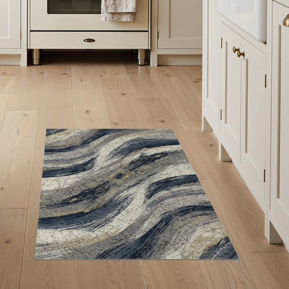 ODIKA 3'x5' Washable Throw Rug Stain Resistant, Low Profile, Non-Slip Modern Wavy Design With Brushstroke Motif And Marbled Accents Abstract Flowing for Entryway, Kitchen, Mudroom