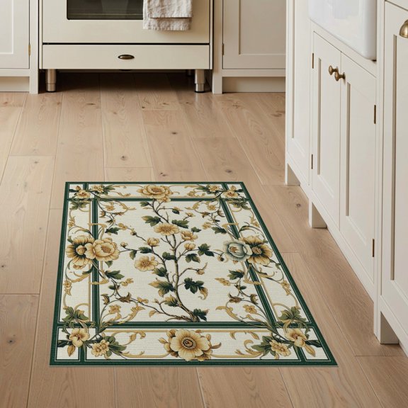 ODIKA 3'x5' Washable Throw Rug Stain Resistant, Low Profile, Non-Slip Neutral Vintage Boho Botanical Trellis Motif Pastel Solid Chartreuse for Entryway, Kitchen, Mudroom