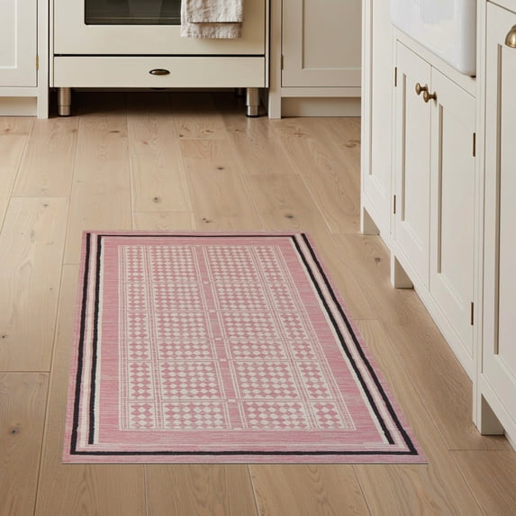 ODIKA 3'x5' Washable Throw Rug Stain Resistant, Low Profile, Non-Slip Pink Contemporary Geometric Lattice Panel Abstract Interlocking for Entryway, Kitchen, Mudroom