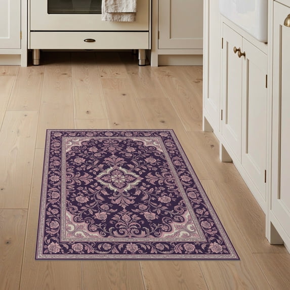 ODIKA 3'x5' Washable Throw Rug Stain Resistant, Low Profile, Non-Slip Pink Purple Damask Symmetrical Ornamental Ivory Border for Entryway, Kitchen, Mudroom