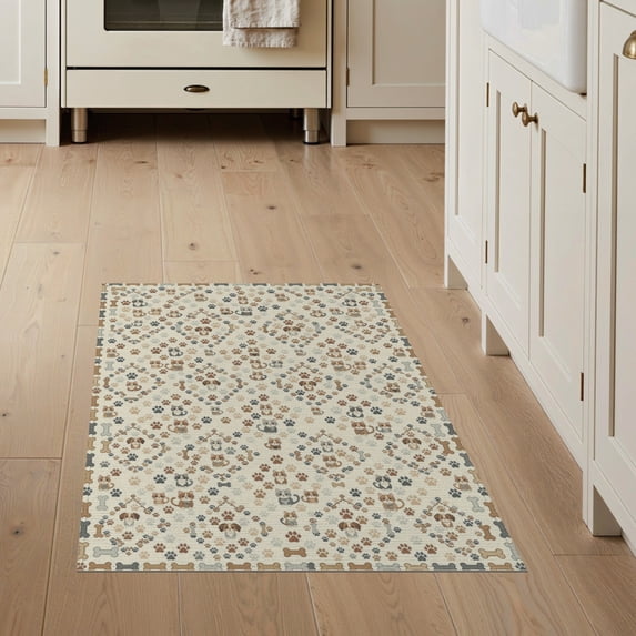 ODIKA 3'x5' Washable Throw Rug Stain Resistant, Low Profile, Non-Slip Print Symmetrical Paws Motif Featuring Terracotta Alfombra Para for Entryway, Kitchen, Mudroom